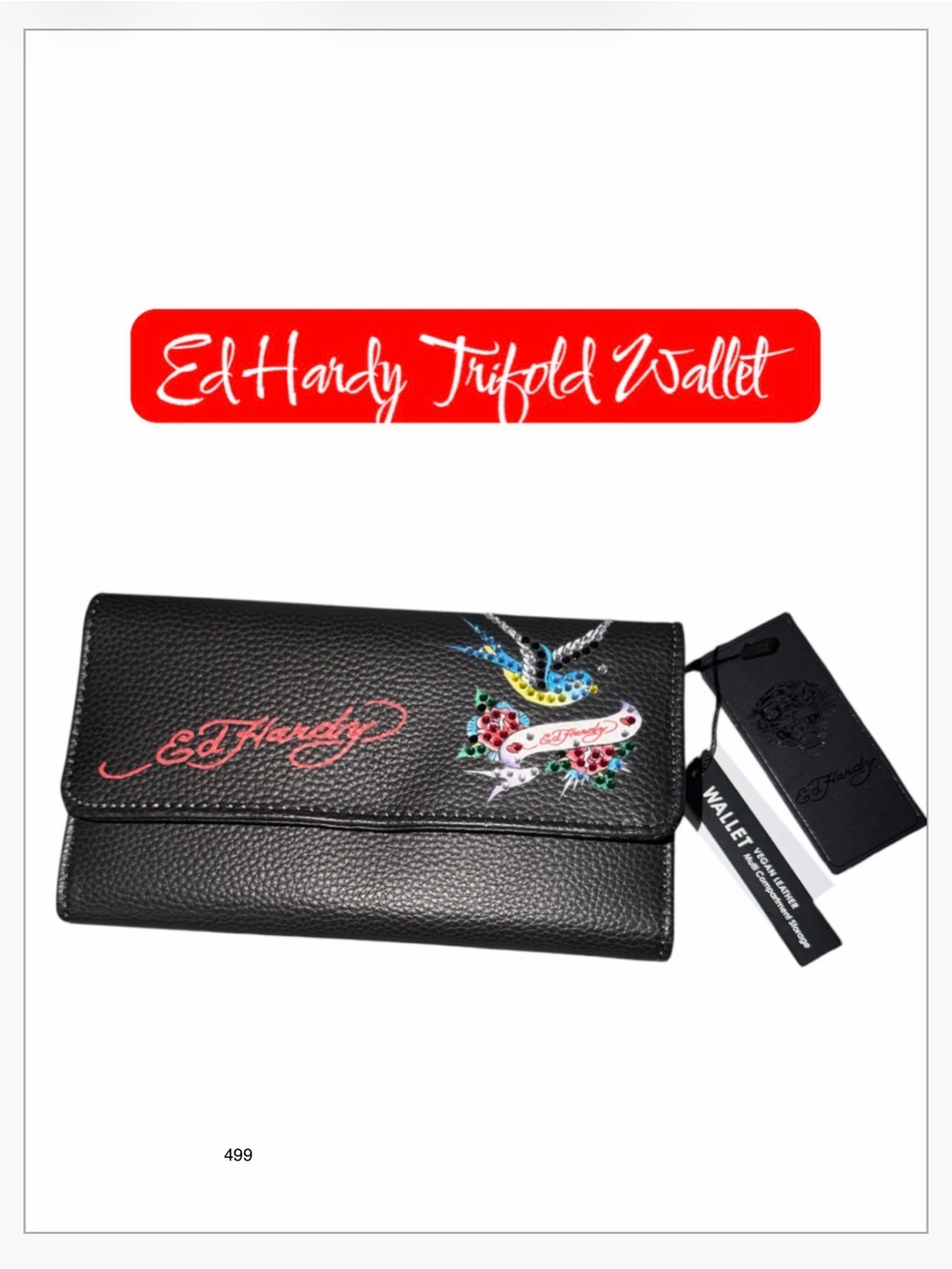 *new* Ed Hardy Black Vegan Leather Tri-fold Wallet